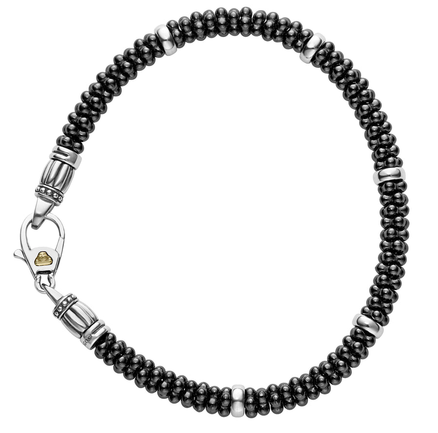 Black Caviar Rope Bracelet in Sterling Silver and Ceramic, Size 7