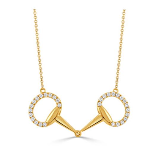A yellow gold necklace featuring a double-loop design with diamond pave accents.