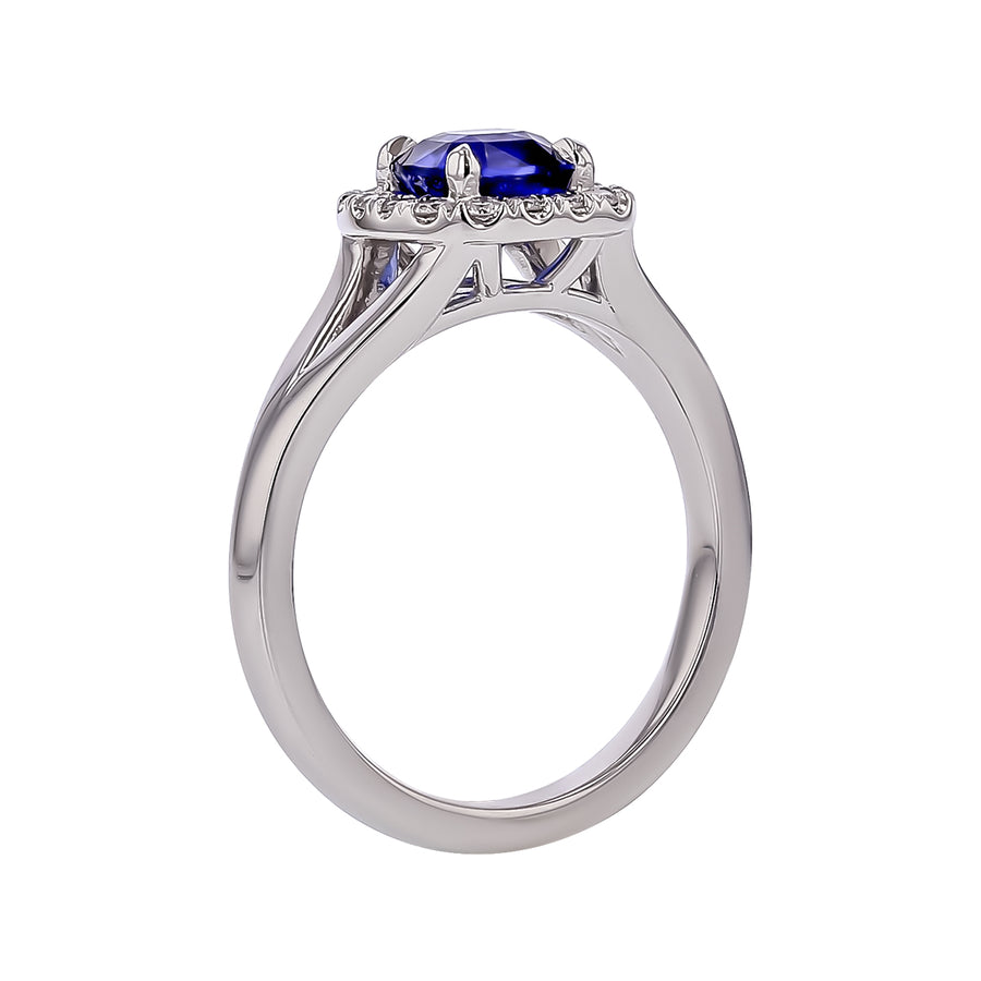 1.20ct Cushion Sri Lankan Sapphire and 0.20ct Diamond Halo Ring in Platinum, size 6