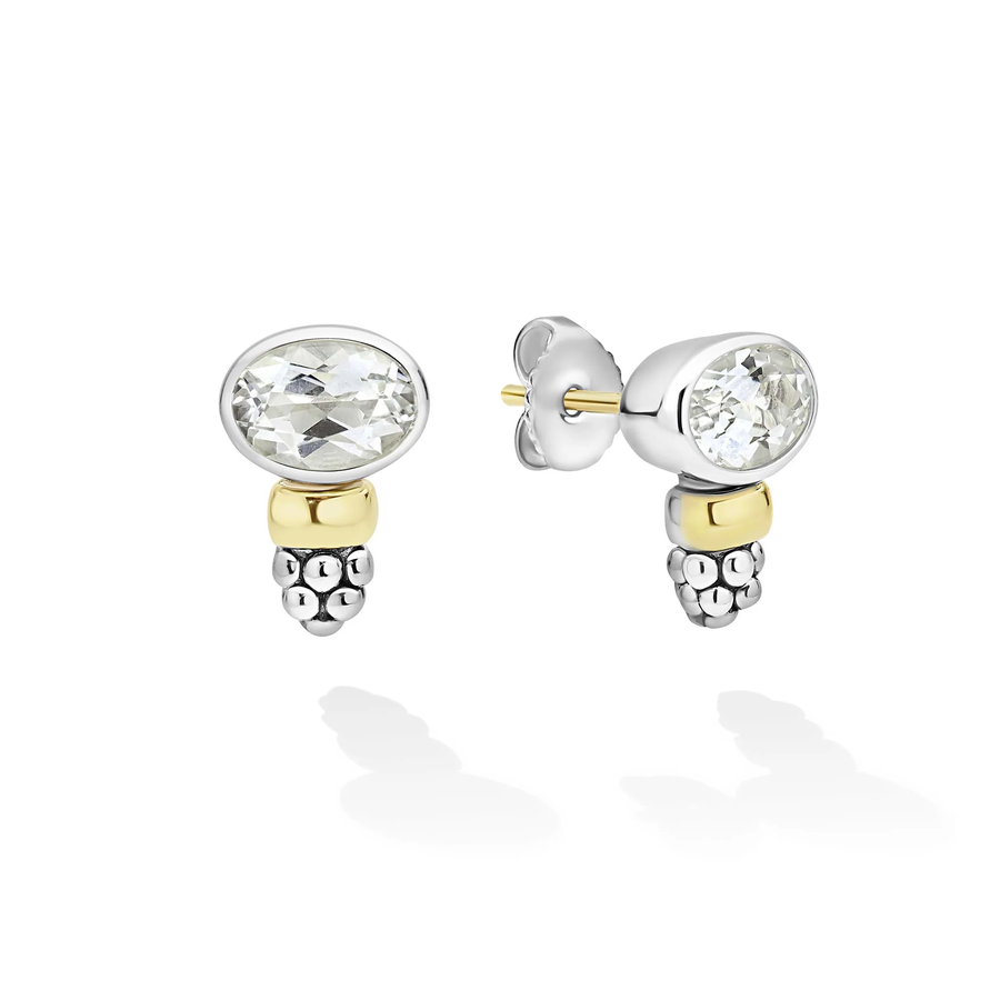 Signature Caviar White Topaz 12x8mm Stud Earrings in 14K Yellow Gold and Sterling Silver