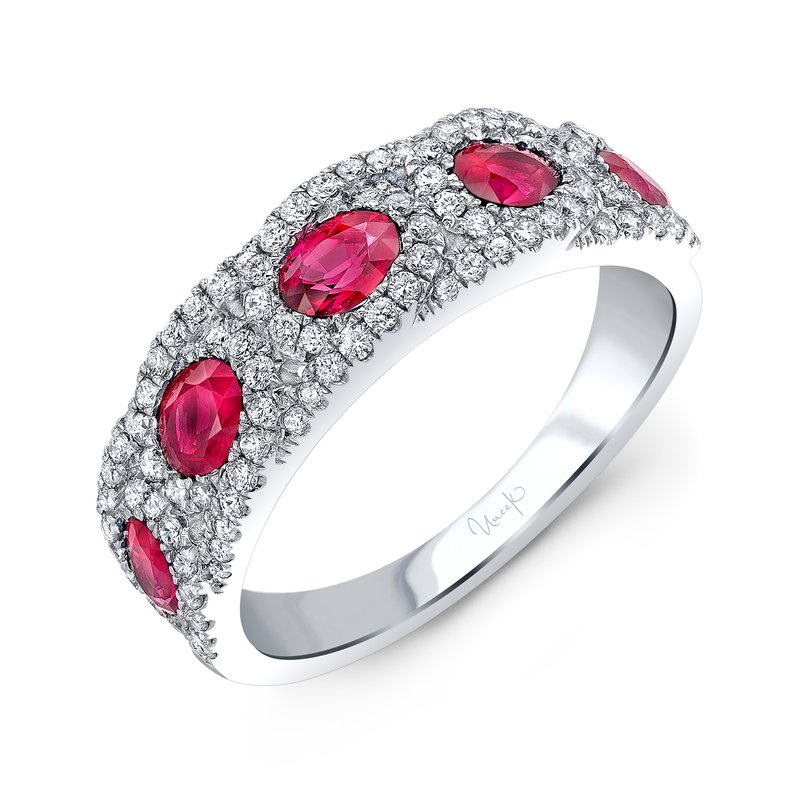 Precious 1.06ct Oval Ruby and 0.45ct Diamond 5 Stone Halo Band in 18K White Gold , size 6.25