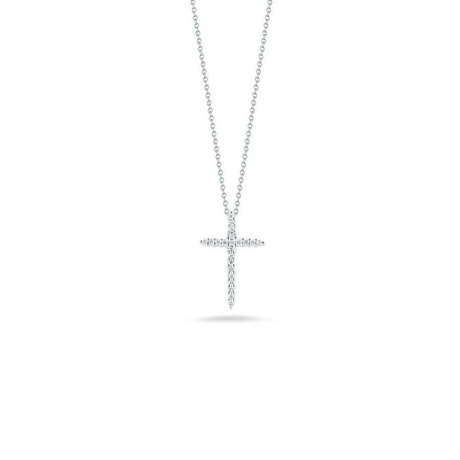 Tiny Treasures 0.10ct Round Diamond Cross Necklace in 18K White Gold, 16-18"