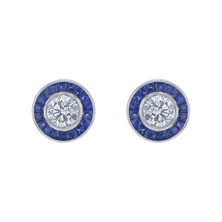 1.34ct Diamond and 1.30ct Sapphire Halo Stud Earrings in Platinum