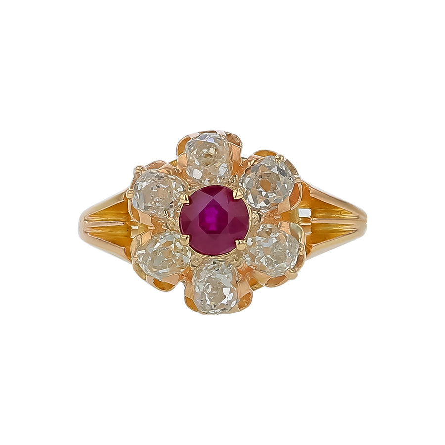 Victorian 0.55ct Ruby and 1.65ct Diamond Halo Ring in 14K Yellow Gold Circa 1870's, size 6.75