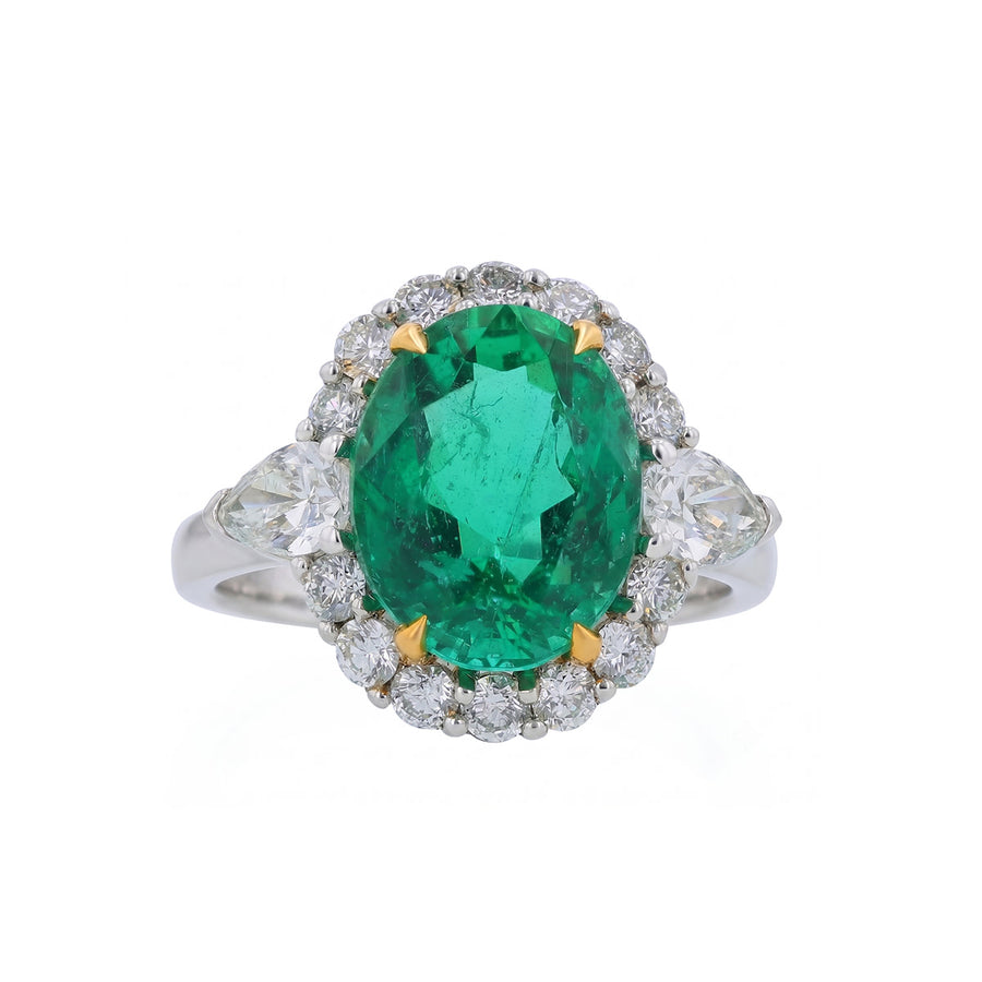 4.88ct Oval Emerald, 0.67 Pear Shape Diamond and 0.61ct Round Diamond Halo Ring in 18K Yellow Gold and Platinum, size 6.5