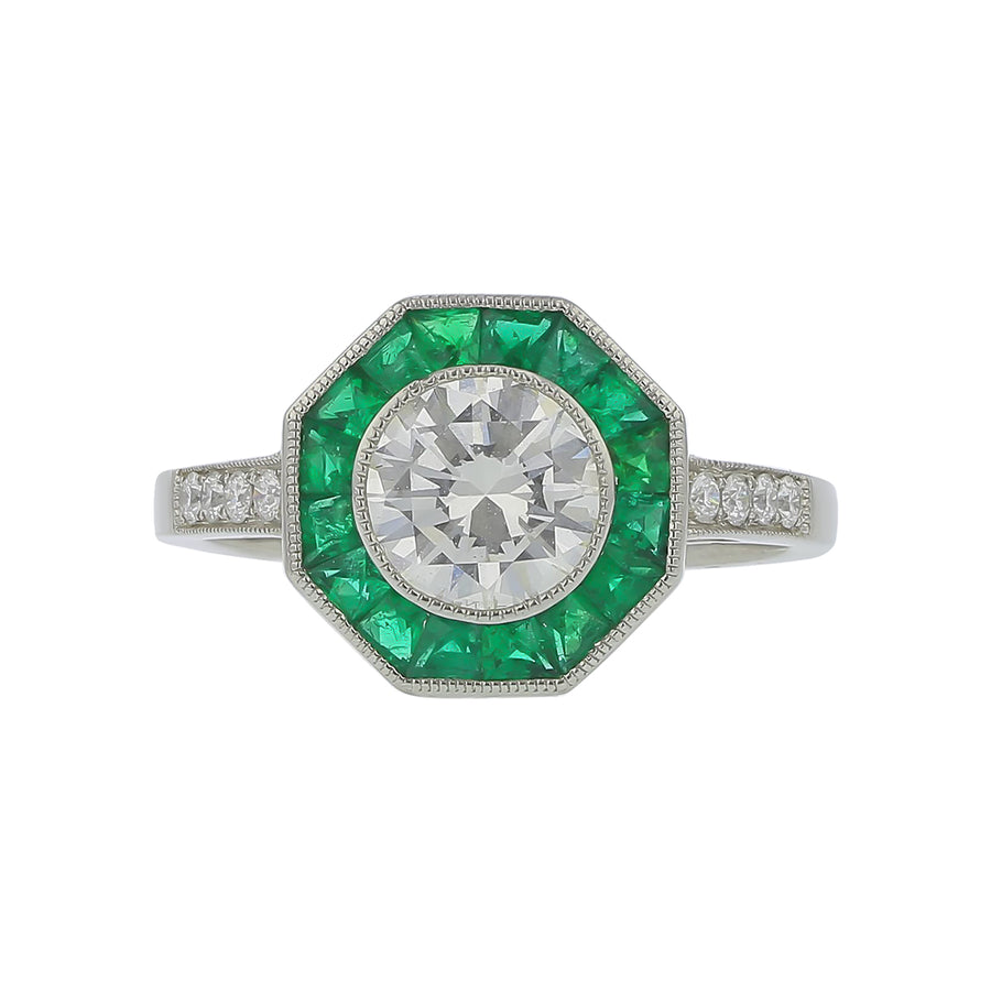 1.12ct Round Diamond 0.60ct Emerald and 0.11ct Diamond Ring, size 6.5