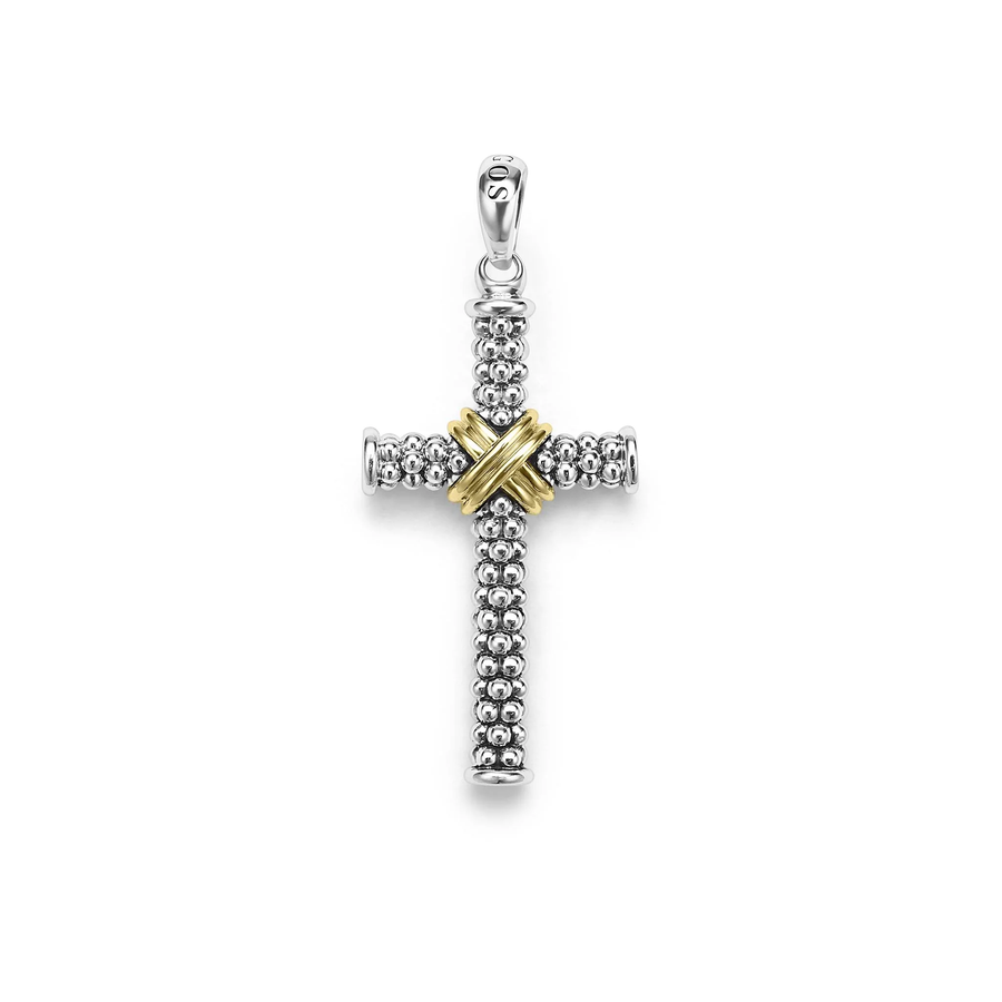 Anthem Caviar Beaded X Cross Pendant in 18K Yellow Gold and Sterling Silver, without chain