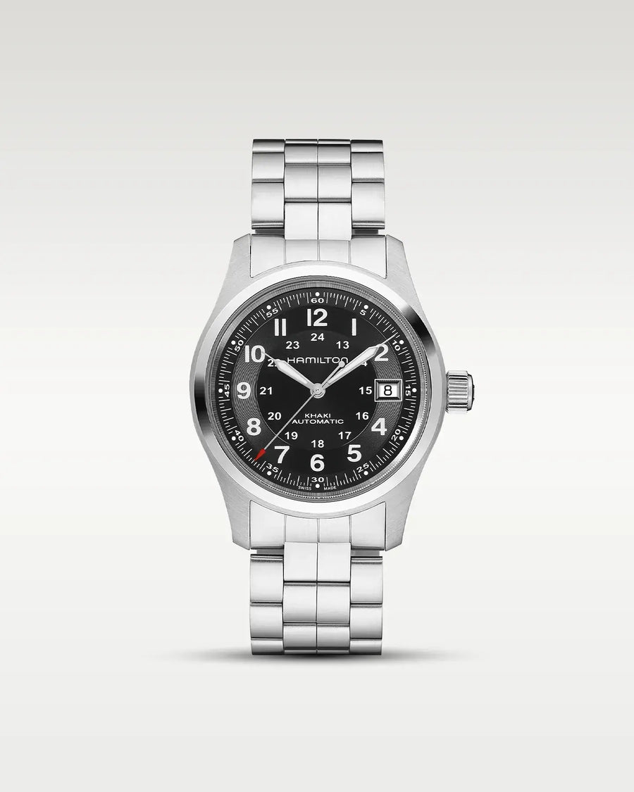 38mm Khaki Field Automatic Watch with Black Dial in Stainless Steel, Bracelet