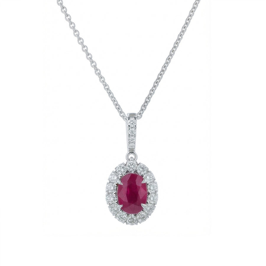 Axis 0.26ct Oval Ruby and 0.37ct Round Diamond Halo Pendant in 18K White Gold, 18"
