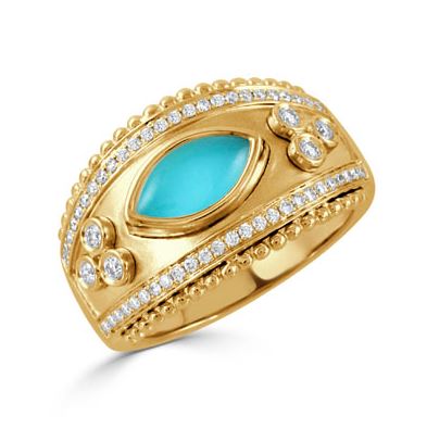 Justinian 0.28Ct Diamond and 0.98Ct Quartz and Turquoise Doublet Ring in 18k Yellow Gold, Size 6.5