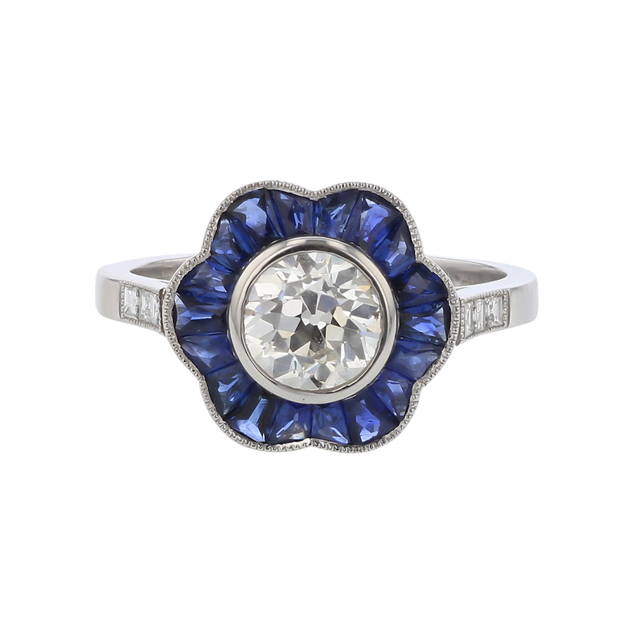 0.96ct Old European Cut Diamond 0.92ct French Cut Sapphires and 0.15ct Square Diamond Ring in Platinum