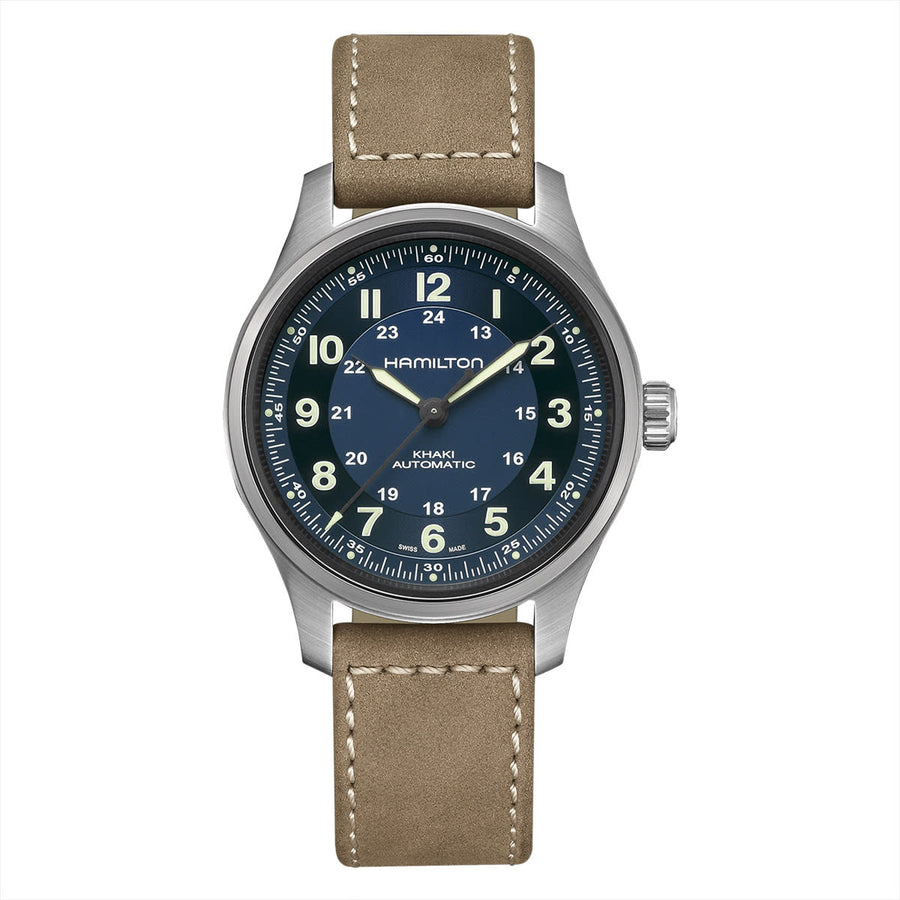 42mm Khaki Field Automatic Watch with Blue Dial in Titanium, Strap