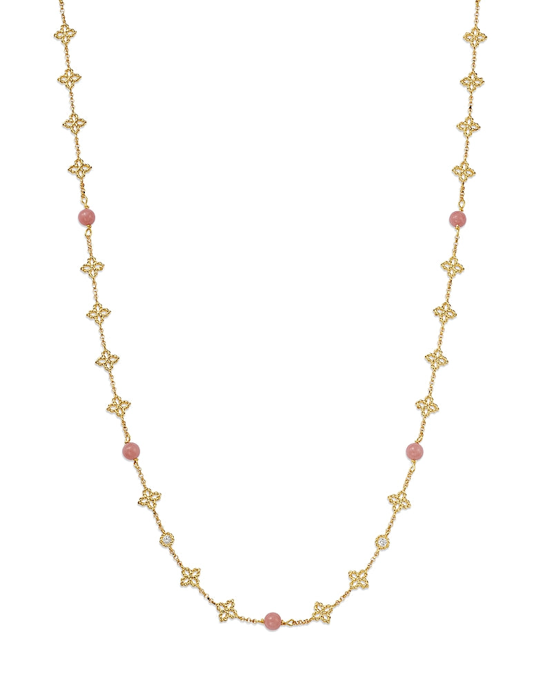 Princess Flower 2.38ct Pink Opal and 0.06ct Diamond Alternating Station Necklace in 18K Yellow Gold, 16-18"