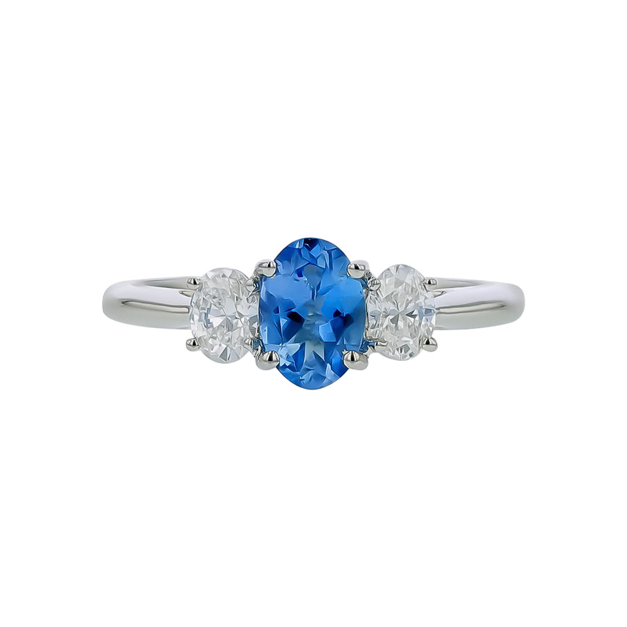 0.66ct Oval African Aquamarine and 0.47ct Diamond 3 Stone Ring in Platinum, size 6