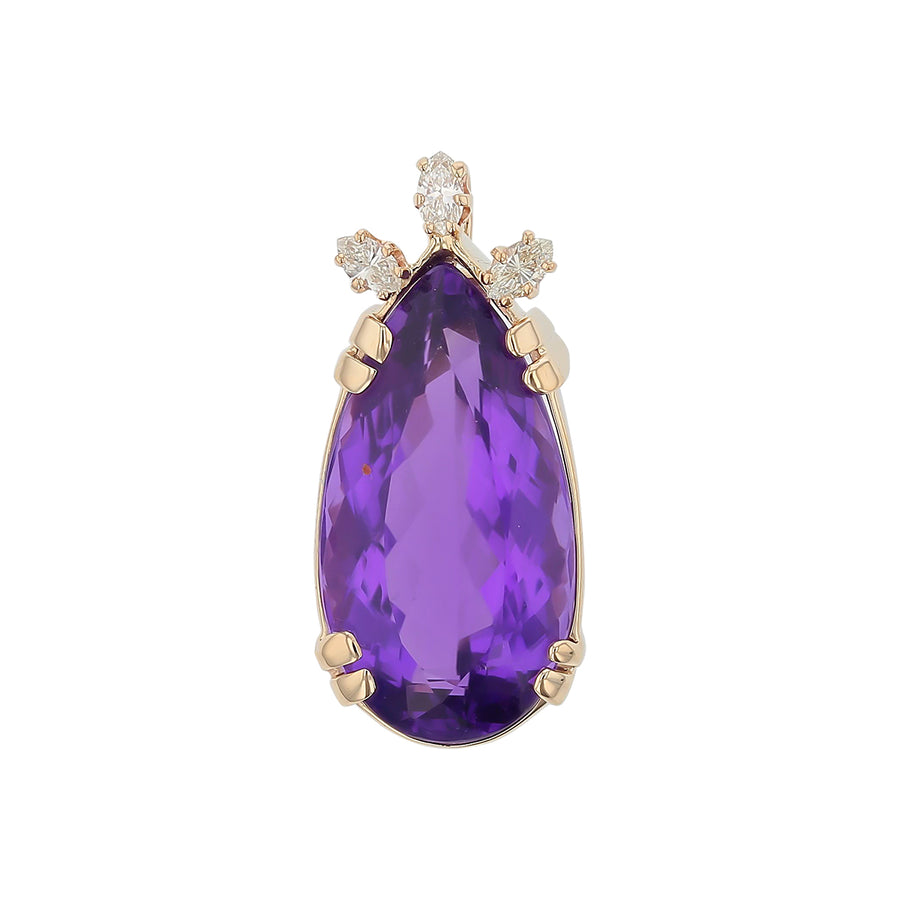 19.96ct Pear Shaped Amethyst and 0.36ct Marquise Diamond Basket Pendant in 14K Yellow Gold