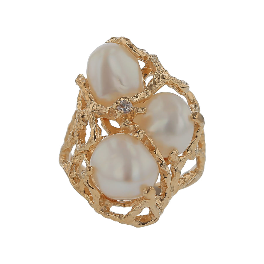 Round Cultured Pearl and 0.03ct Diamond Intertwining Ring 18k Yellow Gold, Size 6.5
