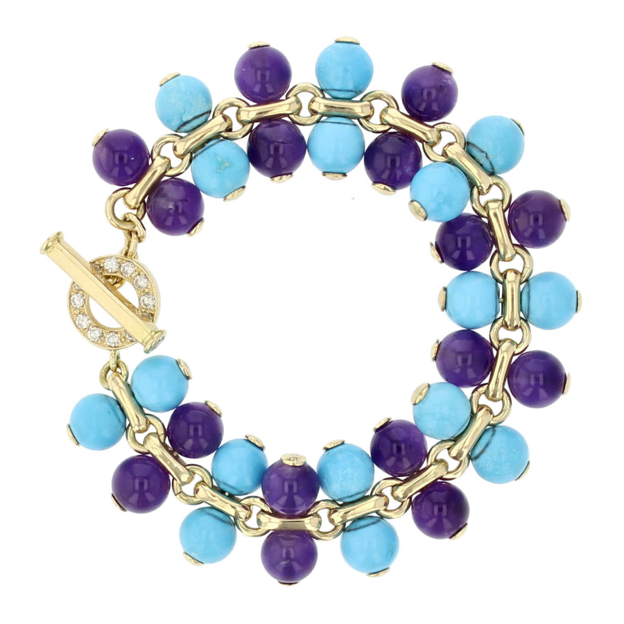 18KY 14 FULL-CUT=0.60CT 8 ROUND TURQUOISE/8 ROUND AMETHYST BEADS ROSARIA VARRA BRACELET