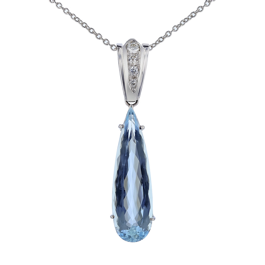 14.00ct Pear Shape Aquamarine and 0.26ct Diamond Pendant in 14K White Gold, 18" chain