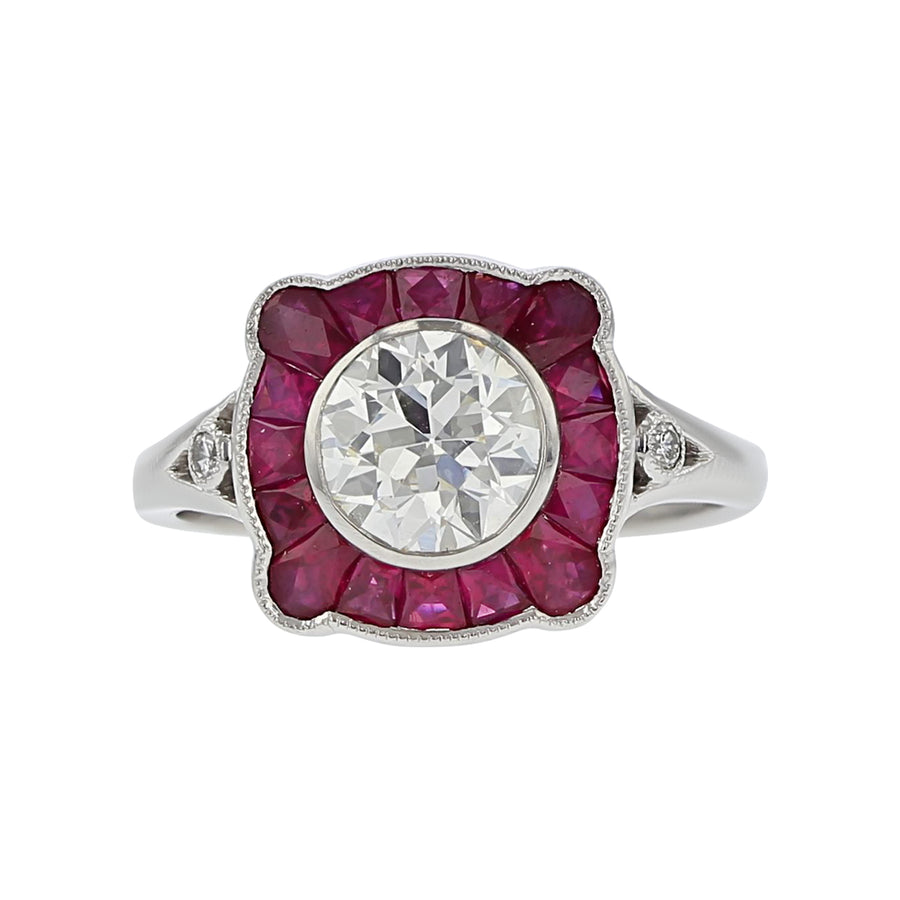 1.19ct Old European Cut Diamond with 0.96ct French Cut Rubies and 0.04ct Full Cut Diamonds Halo Ring in Platinum