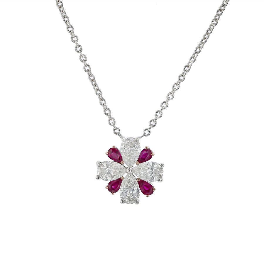 Scallop Jubilee Pear Shape Diamond and Ruby Pendant in 18K White Gold