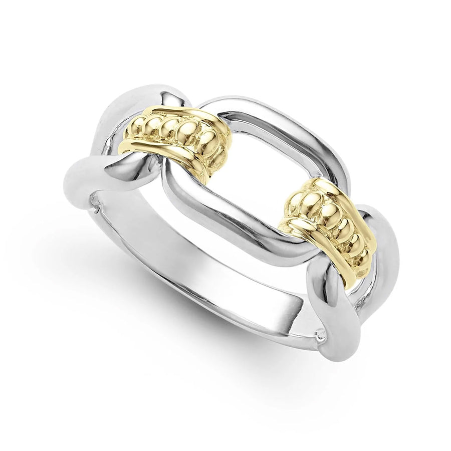 Signature Caviar 9mm Oval Link Ring in 18K Yellow Gold and Sterling Silver, Size 7