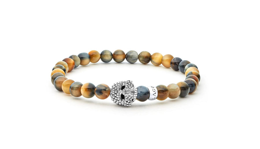Signature Caviar Anthem Tiger Eye Skull Stretch Bracelet with Sterling Silver, Size 7