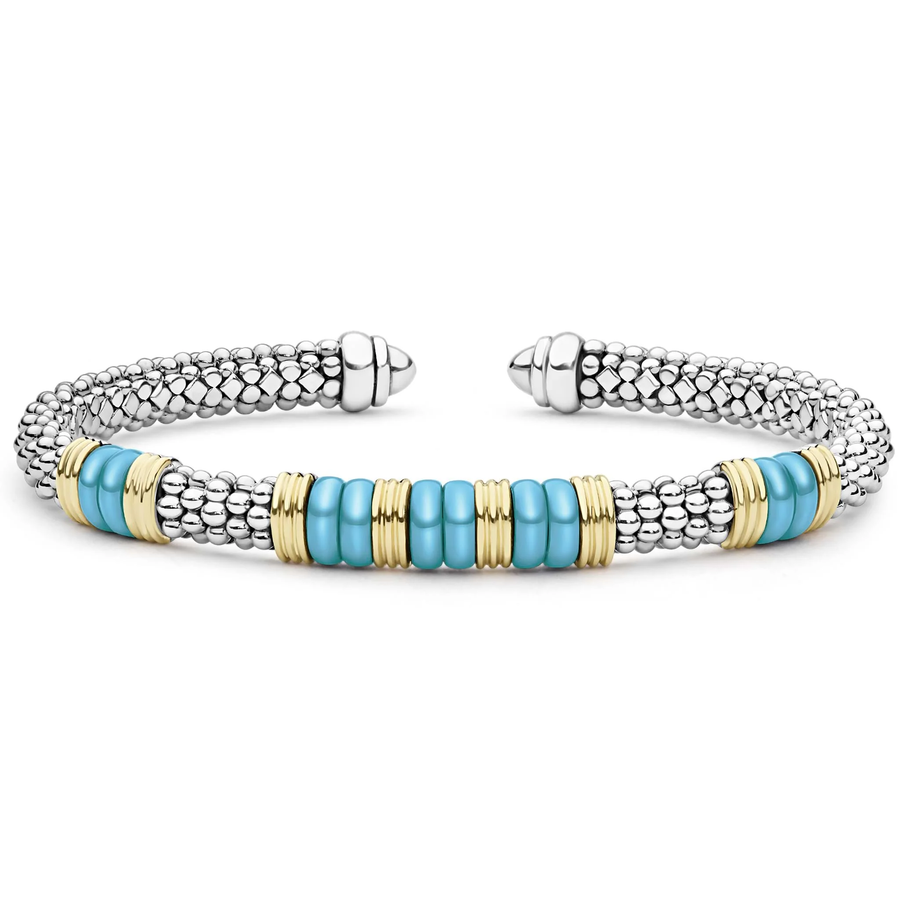Blue Caviar 5 Station Cuff Bracelet in 18K Yellow Gold, Sterling Silver and Ceramic, size 7.5