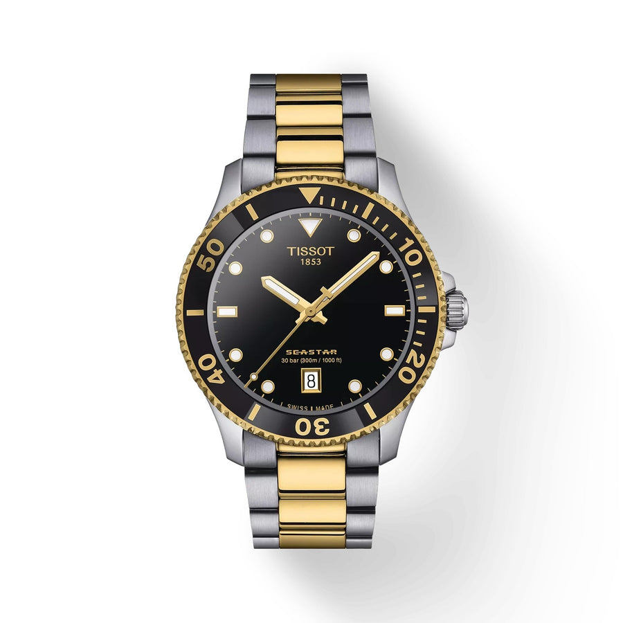 40mm Seastar 1000 Watch with Black Dial in Stainless Steel with Yellow Gold PVD, Bracelet
