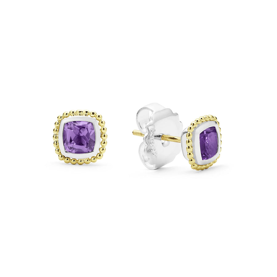 Rittenhouse Cushion Amethyst Stud Earrings in Sterling Silver and 18K Yellow Gold, 7mm