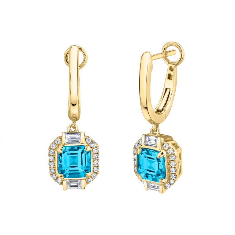 1.65ct Blue Topaz and 0.25ct Diamond Halo Drop Earrings in 14K White Gold