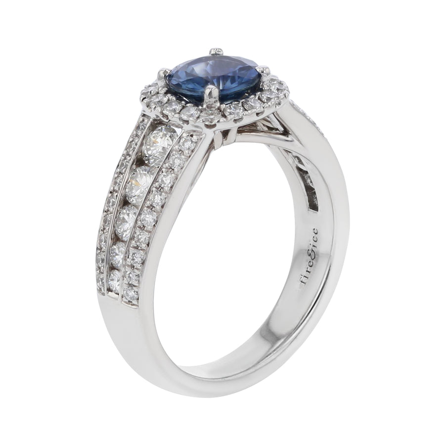 1.21ct Round Montana Sapphire 1.10ct Diamond Cushion Halo Ring and 3 Row Band in 18K White Gold Size 6.5