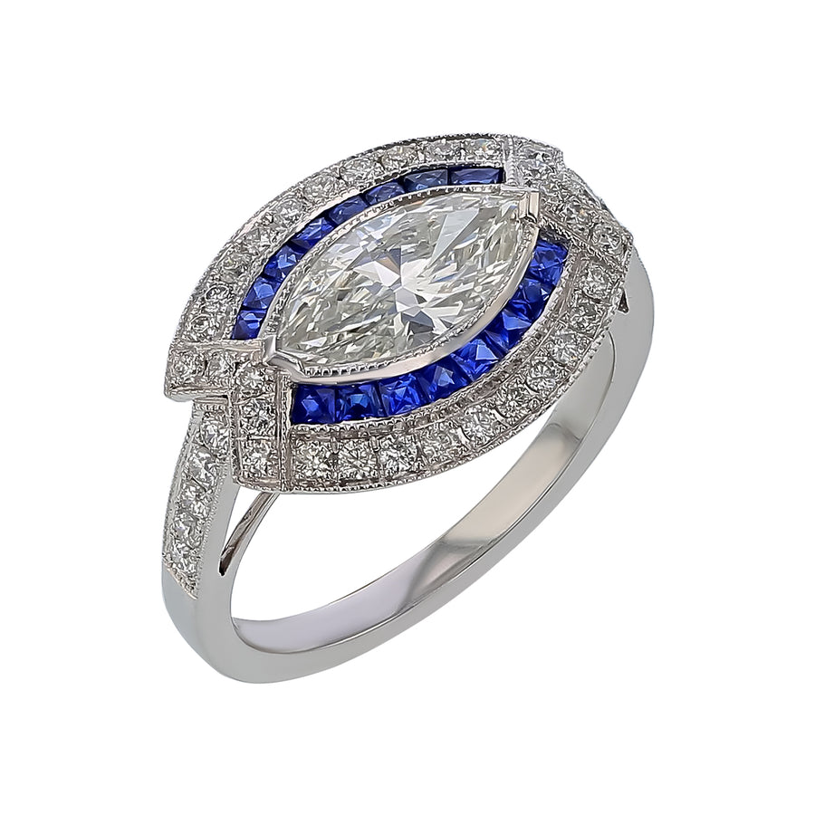 1.04ct Marquise Center Diamond, 0.43ct Diamond and 0.32ct Sapphire Double Halo E/W Ring in Platinum, size 6.5