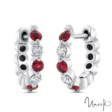 Ruby and Diamond Huggie Hoop Earrings in 14K White Gold