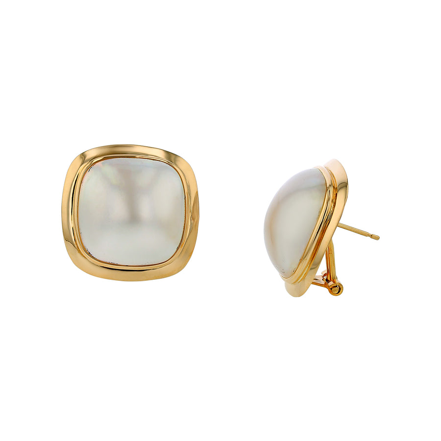 18mm Mabe Pearl Cushion Shaped Bezel Set Earrings in 14K Yellow Gold with Pierced Clipbacks