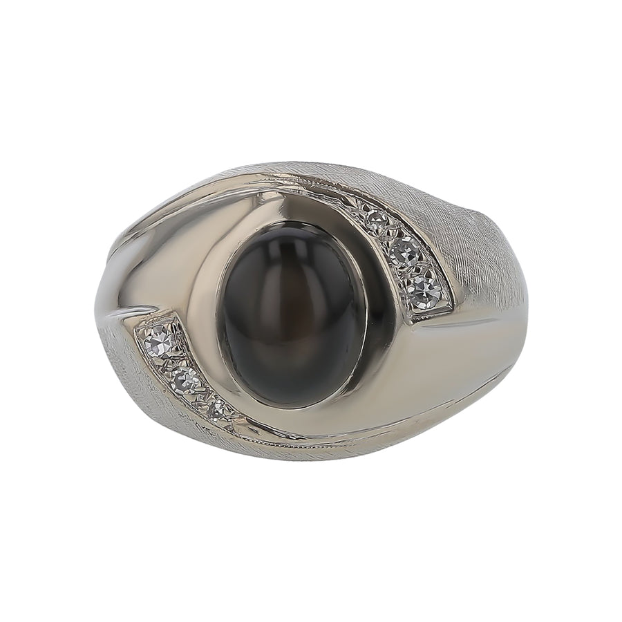 Black Star Sapphire and 0.08ct Diamonds Ring in 14k White Gold, Size 8