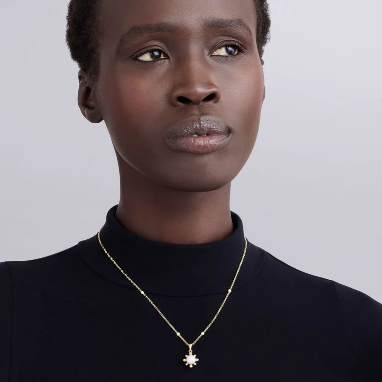 Luna Fleur 14mm Pearl and Diamond Pendant in 18K Yellow Gold, 16-18"