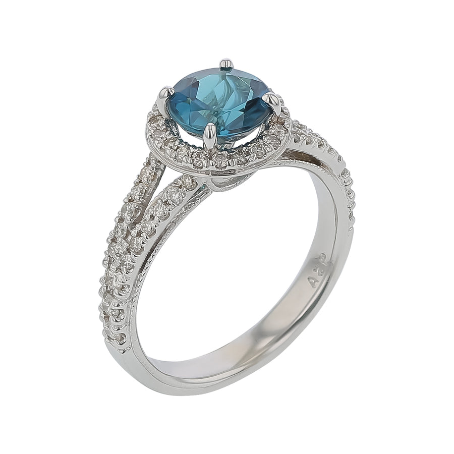 1.40ct Round Tourmaline and 0.50ct Diamond Halo Ring in 18K White Gold, Size 6.5