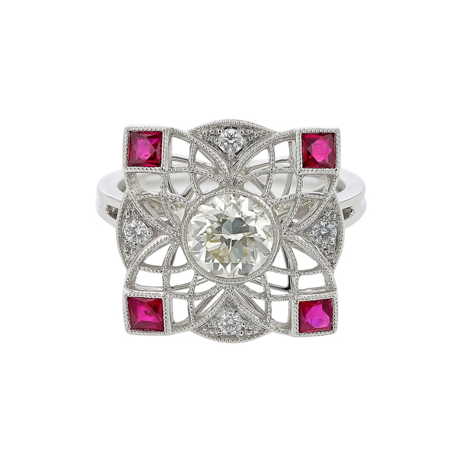 1.00ct Round Diamond, 0.48ct Ruby and 0.09ct Diamond Ring in Platinum, size 6.5