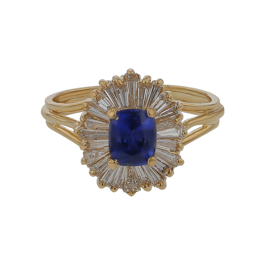 0.87ct Cushion Ceylon Sapphire and 0.75ct Baguette Diamond Ballerina Ring in 18k Yellow Gold Size 6.5