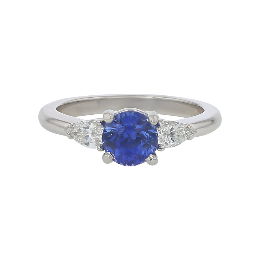 1.45ct Round Sri Lankan Sapphire and 0.37ct Pear Shape Diamond Three Stone Ring in Platinum, Size 6.5