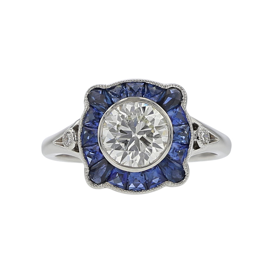1.18ct Round Diamond with 0.86ct French Cut Sapphires and 0.04ct Full Cut Diamonds Halo Ring in Platinum, size 6.5