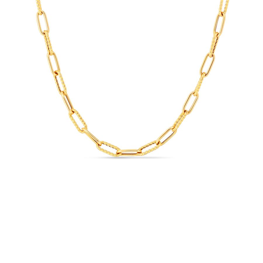 Designer Gold Alternating Shiny and Fluted Paperclip Chain in 18K Yellow Gold, 17in