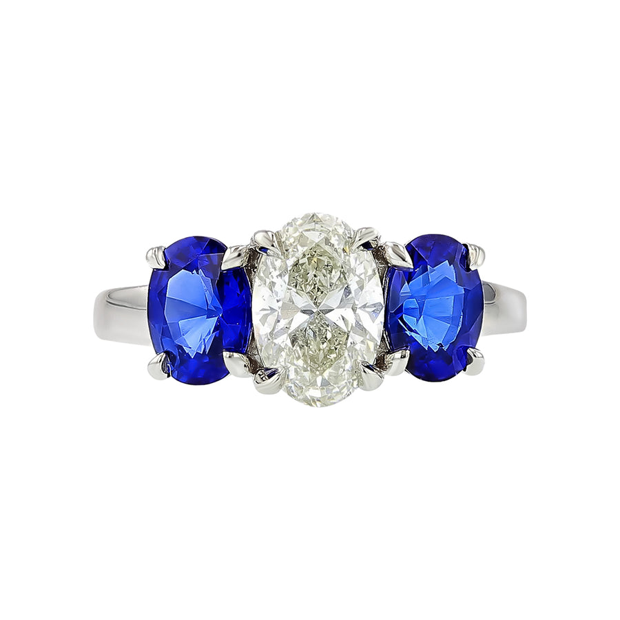 1.52ct Premier Oval Brilliant Diamond and 2.27ct Sri Lankan Oval Sapphire(H) 3 Stone Ring in Platinum, Size 6.5