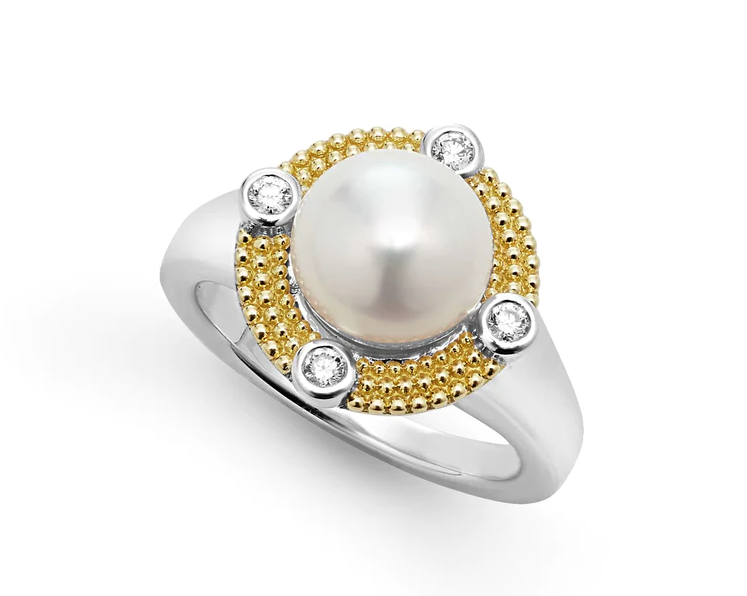 Luna 9mm Pearl and 0.13ct Diamond Ring in 18K Yellow Gold and Sterling Silver Size 7