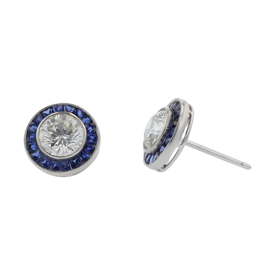 Platinum Diamond and Sapphire Halo Stud Earrings