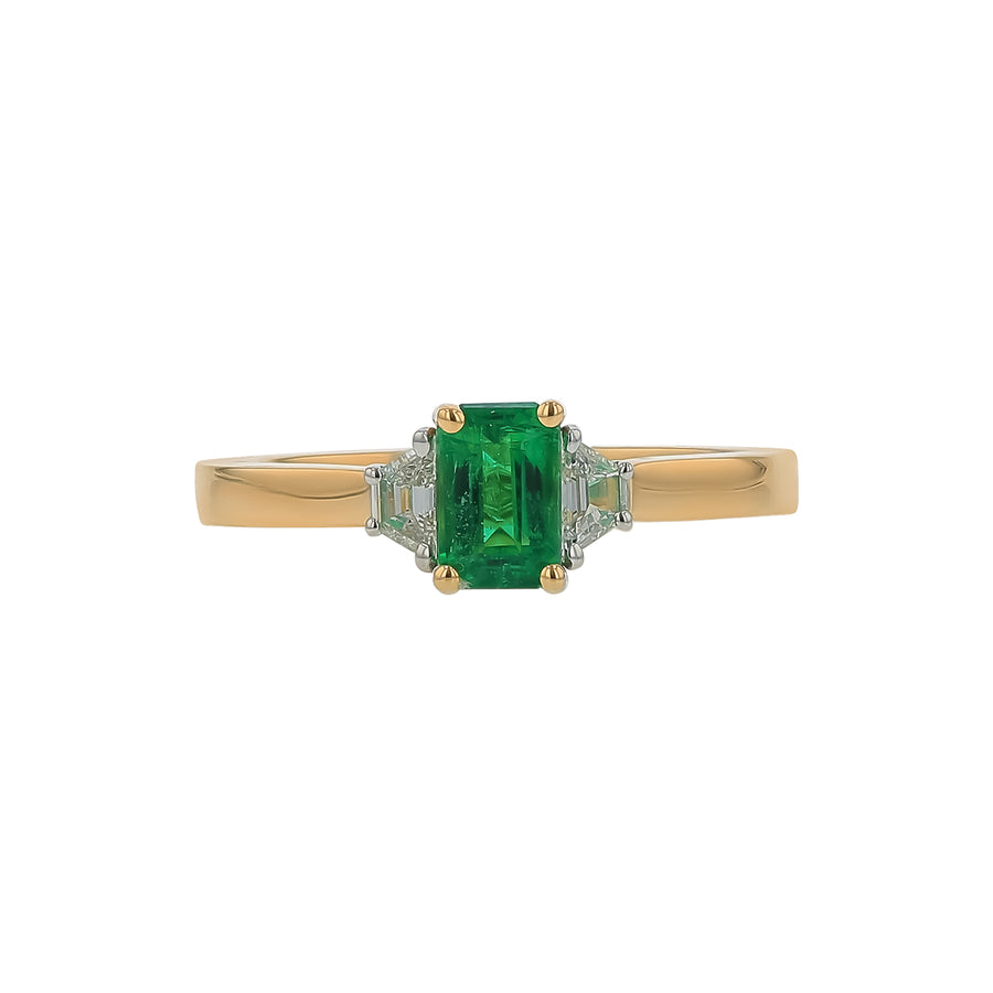 0.67ct Emerald Cut Zambian Emerald and 0.17ct Diamond 3 Stone Ring in 18K Yellow Gold, Size 6