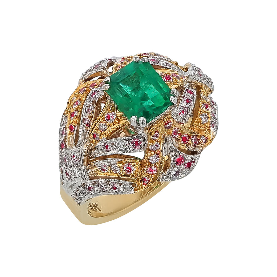 1.19ct Emerald and 1.64ct Diamond Ring in 18K Yellow and White Gold, Size 6.5