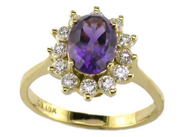 1.42Ct Amethyst and 0.50Ct Diamond Halo Ring in 18K Yellow Gold, Size 6