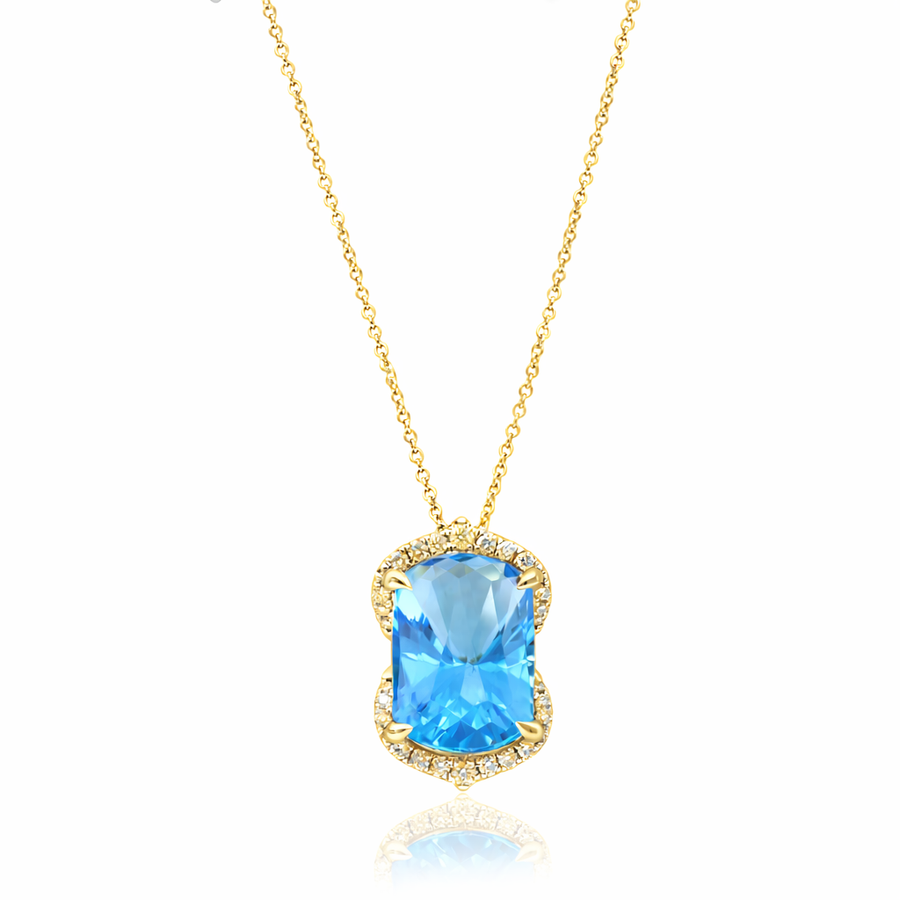 7.63ct Cushion Cut Blue Topaz and 0.28ct Diamond Halo Pendant in 18K Yellow Gold, 18" chain