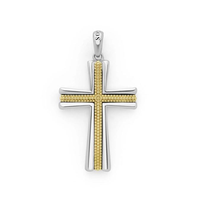 Anthem Caviar Beaded Cross Pendant without Chain in 18K Yellow Gold and Sterling Silver